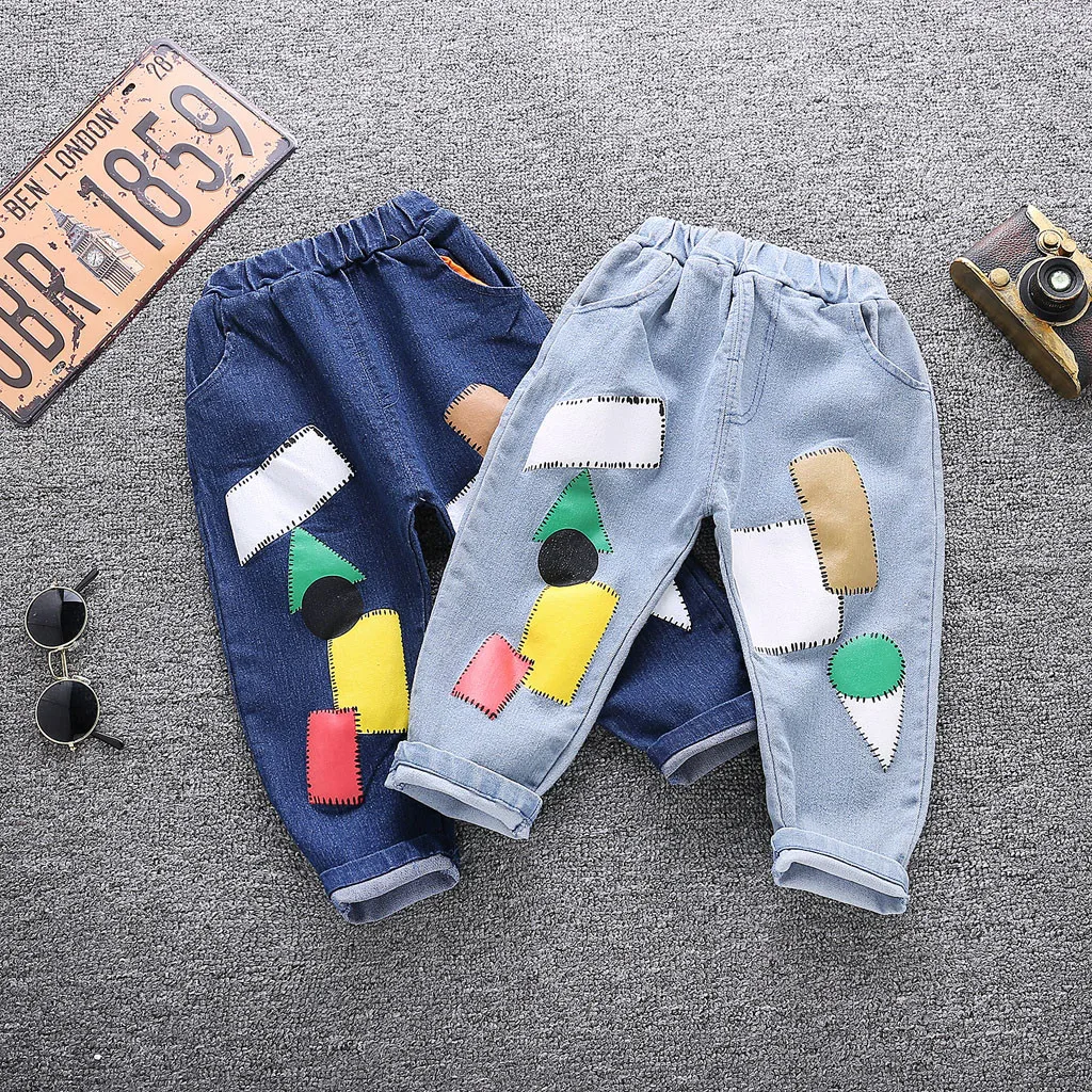 Fashionable Casual Spring And Summer 1-4Years Girls Boys Cartoon Cute Graphics Printed Denim Elastic Waist Long Trousers