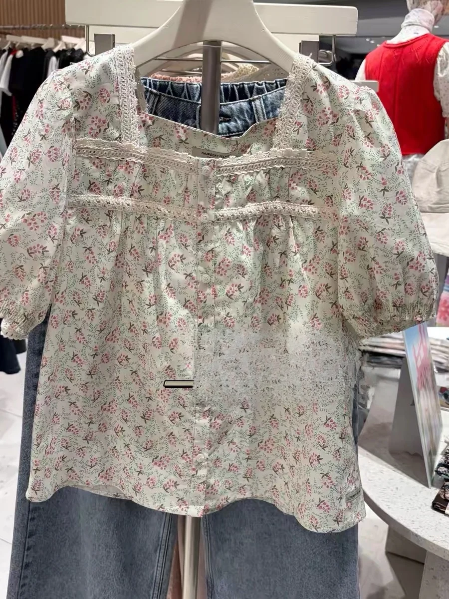 

Fashionable Casual High Waist Loose Lace Trim Shirt Women's Summer 2026 Slimming Bubble Sleeve Short Sleeve Floral Print