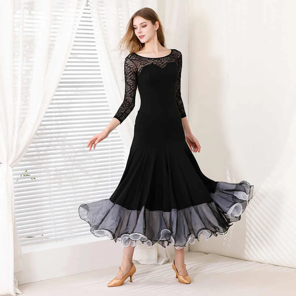 

Contemporary Dance Dress Standard Sexy Lace Ballroom Dancing Skirt New Black Competition Dance Dress Ball Room Clothes Dresses