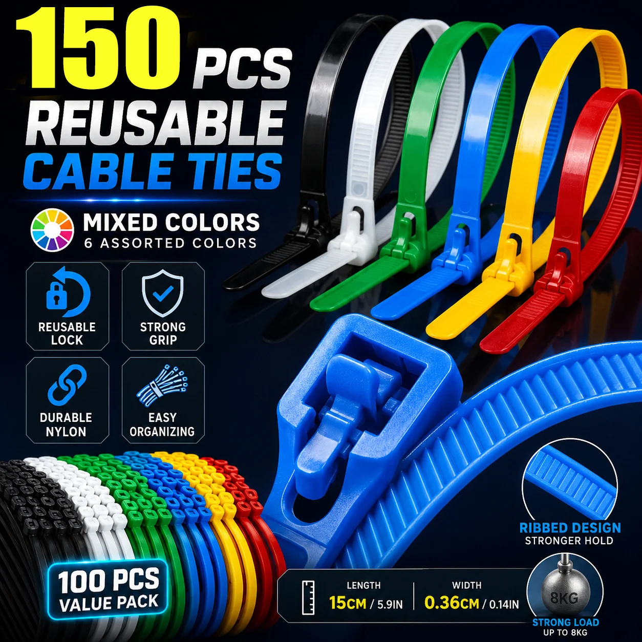 150pcs Heavy-Duty Reusable Self-Locking Nylon Cable Ties Color-Coded for Indoor Outdoor Garden Workshop Wire Management Durable