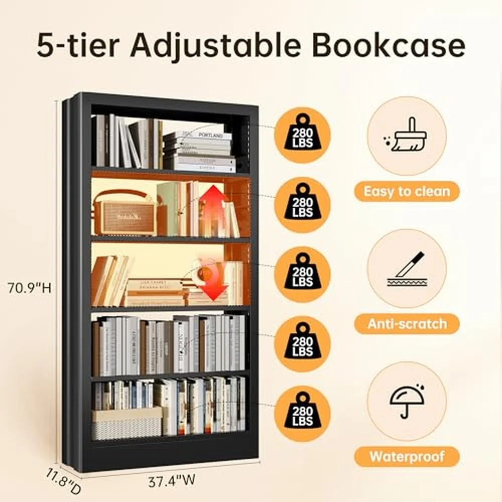 5 Tier Bookcase with Adjustable Storage Shelves Heavy Duty Bookcase Metal Bookshelf with Book Stopper Black Bookcase