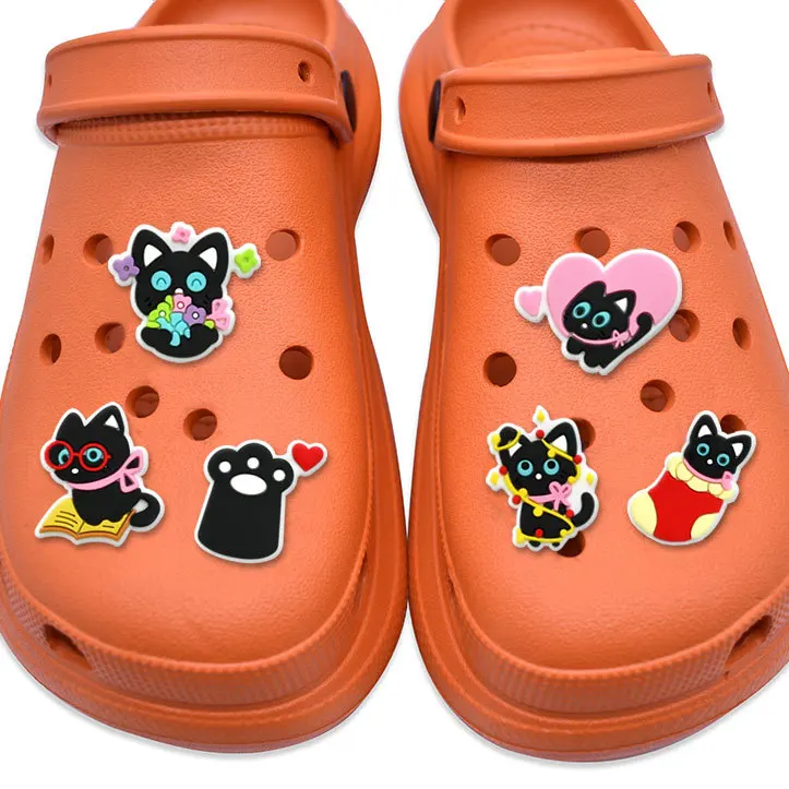 9/20pcs Cute Black Cat PVC Shoe Charms For Clogs Bubble Slides Sandals, Shoe Decorations Accessories For Birthday Gift Party image 5