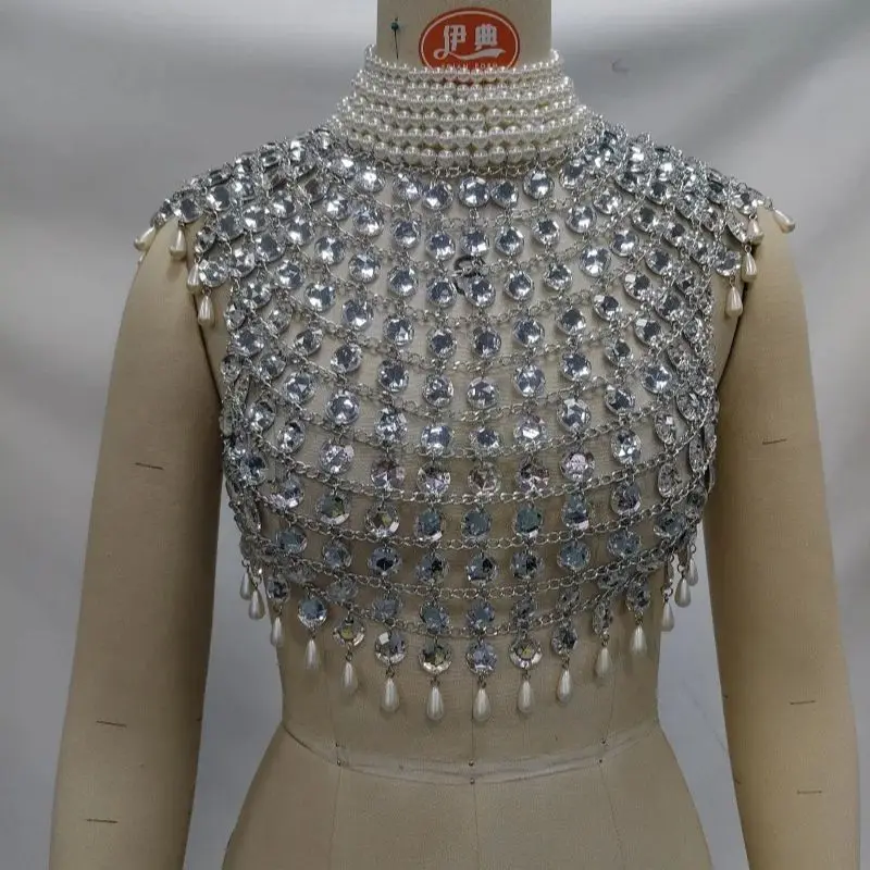 بلوزة مثيرة برباط علوي على شكل دمعة من اللؤلؤ بأكمام على شكل سلسلة للنساء بتصميم أوروبي وأمريكي سلسلة ضيقة للجسم #4