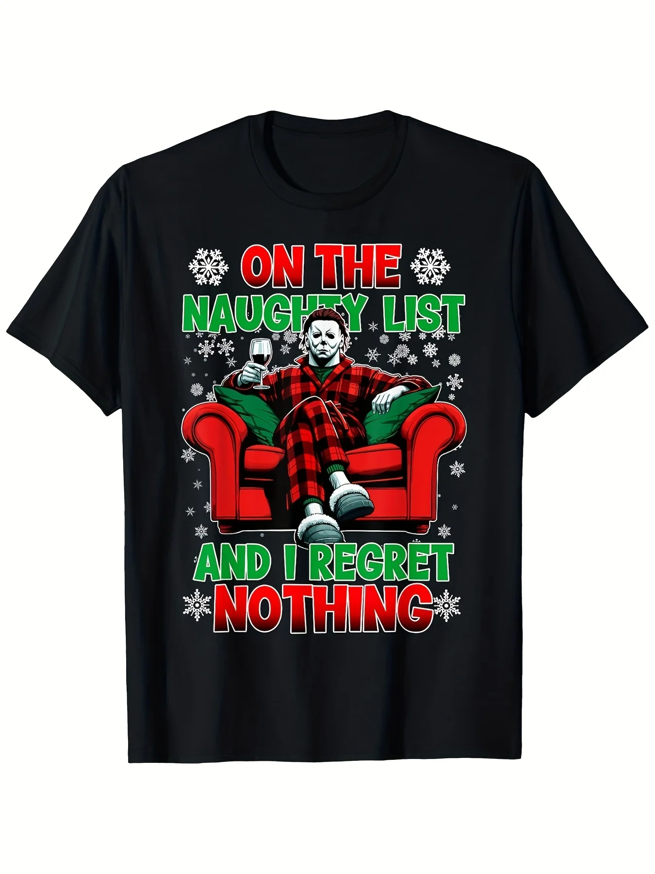 

On the naughty list, I have no regrets Miles Christmas T-shirt - funny horror movie holiday pattern short sleeved shirt, holiday