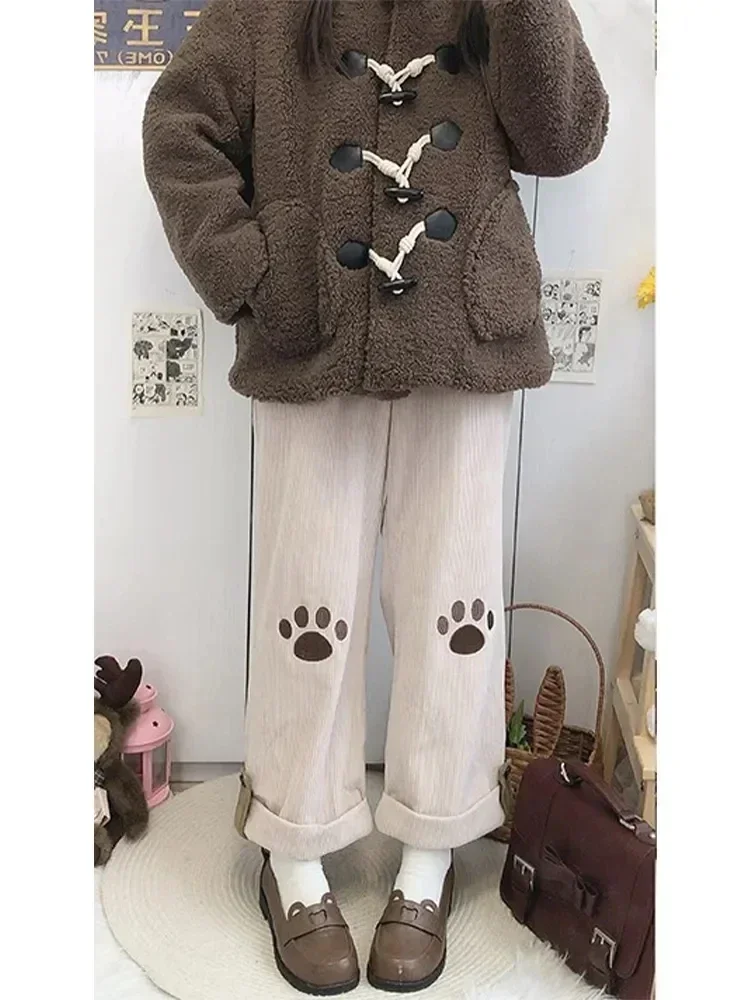 Harajuku Kawaii Beige Corduroy Pants Cute Japanese Style Lolita Brown Wide Leg Trousers Embroidery Girly Sweet Pantalon