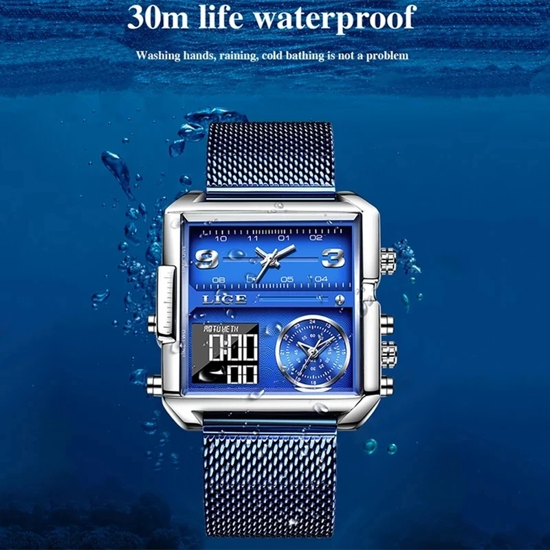 LIGE 2024 Top Brand Luxury Mens Watches Square Digital Sports Quartz Wrist Watch for Men Waterproof Stopwatch Relogio Masculino