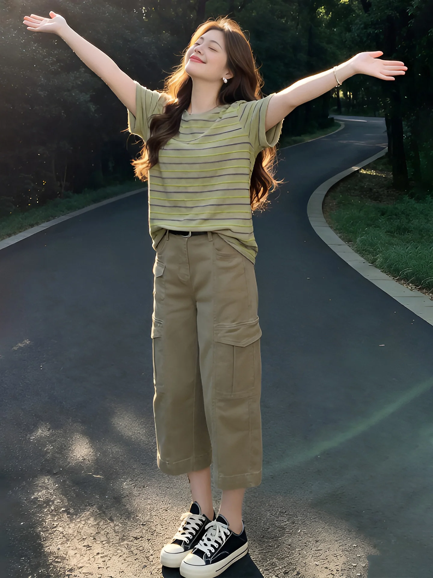 

Fashionable Striped Short Sleeve T-Shirt Set Casual High Waist Straight Leg Pants Women's Summer Outfit Color Block Youthful
