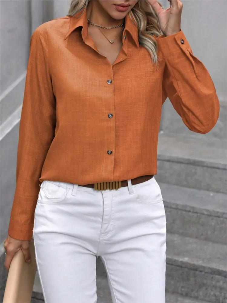 Spring Autumn New Fashion Color Combination Long-sleeved Lapel Women\'s Shirt Simple Casual With A Solid Color Female Officeshirt