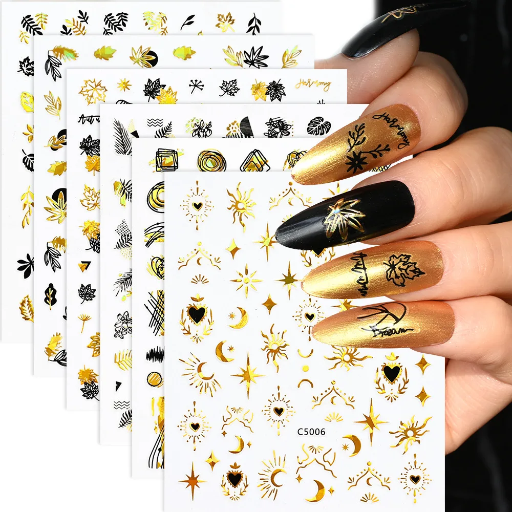 

Laser Golden Maple Leaf Nail Stickers Abstract Line Self-adhesive 3D Bronzing Simple Sweet Cool Nail Decals Manicure Decoration