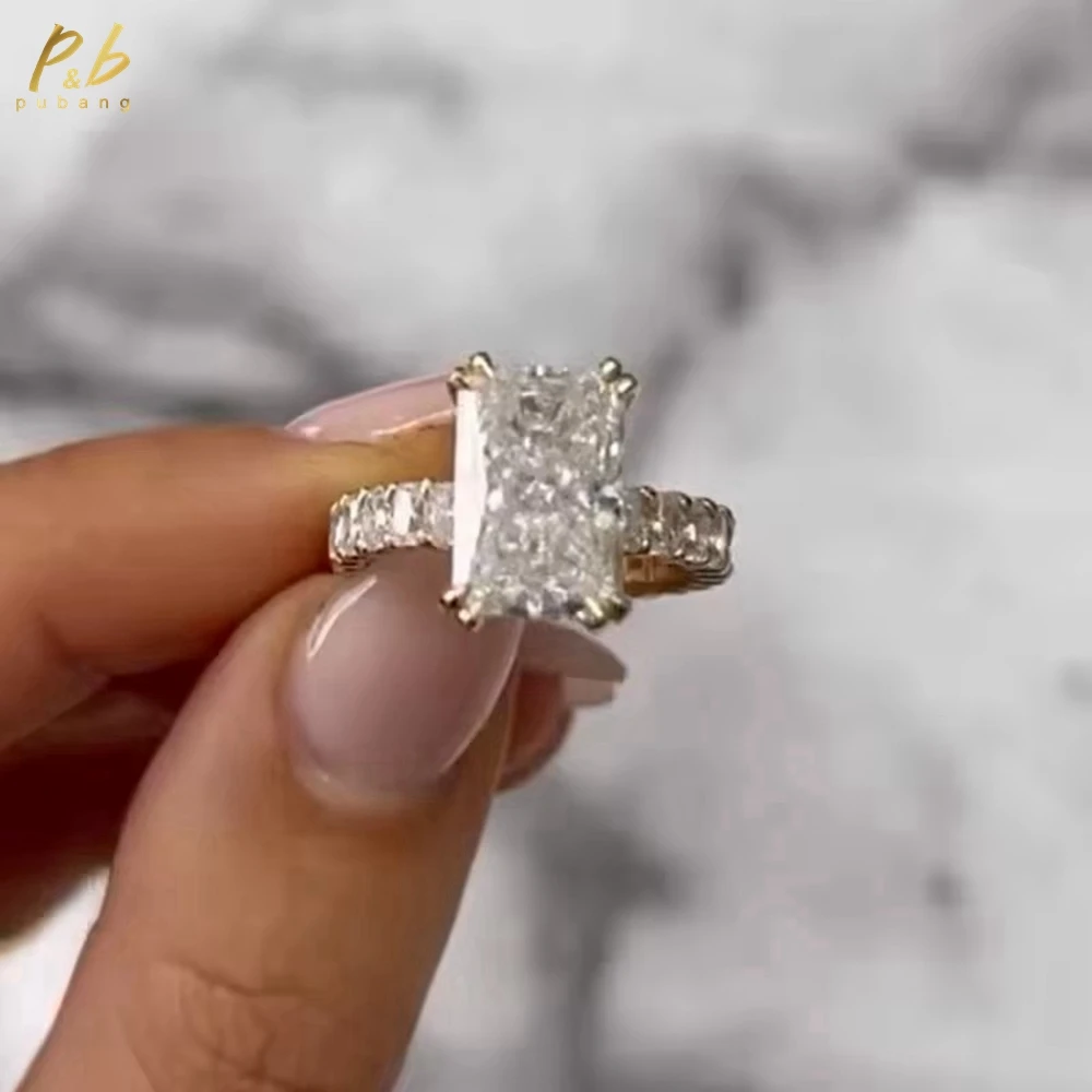 

PuBang Sparkling 3EX VVS1 D Color 6 Carat Moissanite Gold Rings For Women Crushed Ice Radiant Side Stones 18k With Eternity Band