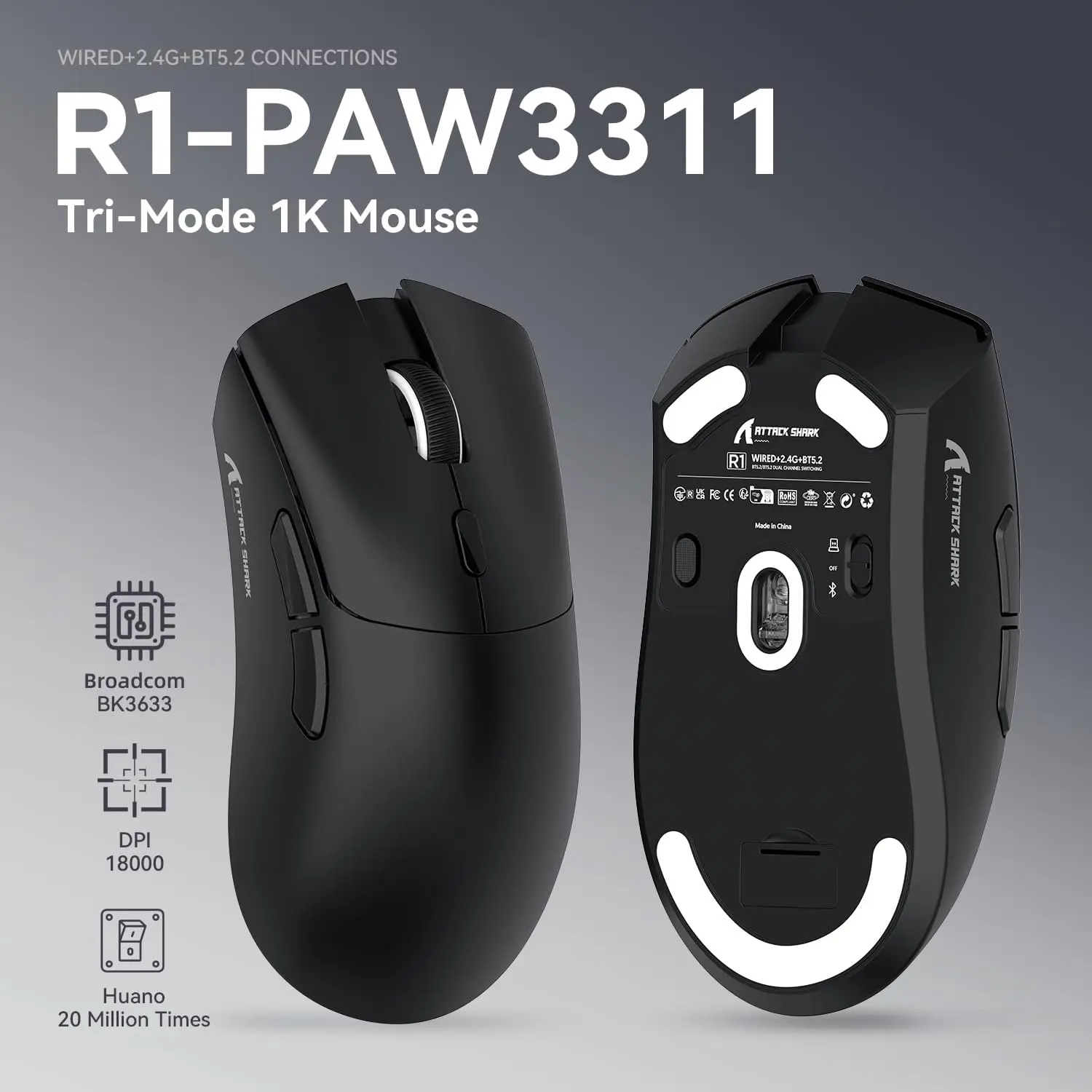 ATTACK SHARK R1 59g SUPERLIGHT Mouse, PixArt PAW3311 Gaming Sensor,  6 Adjustable DPI up to 18000, 65 Hrs Battery, G502