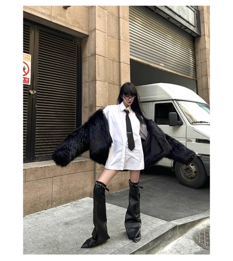 Lautaro Winter Cool Oversized Casual Soft Thick Warm Black Hariy Shaggy Faux Fur Coat Women Turn-down Collar Fluffy Jacket 2023