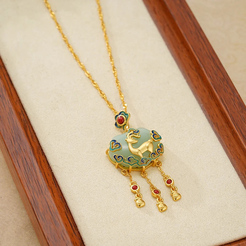 Natural Hotan Jade Green Ruyi Lock Necklace New in Chinese style Luxury Ancient Gold Craft Deer Pendant Cheongsam Jewelry Gift view 4