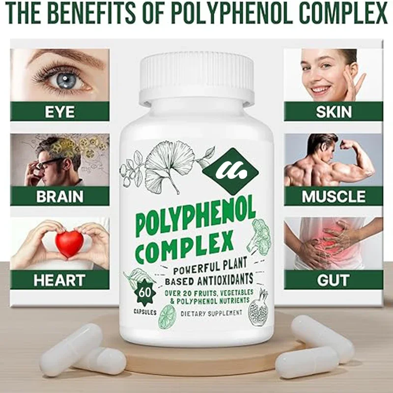 Polyphenol supplements include over 20 types of fruits, vegetables, polyphenols, turmeric, green tea, and powerful antioxidants