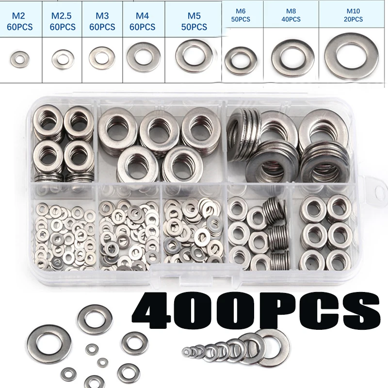 400PCS M2-M10 Stainless Steel Washer Gasket Set Flat Ring Seal  Washer Kit  For Generators Machinery Accessories