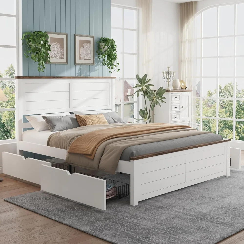 

Queen Size Farmhouse Bed Frame with Headboard and 4 Sliding Drawers, Wooden Barn Door Panel Platform Bed with Wood Slats, Bed Ba