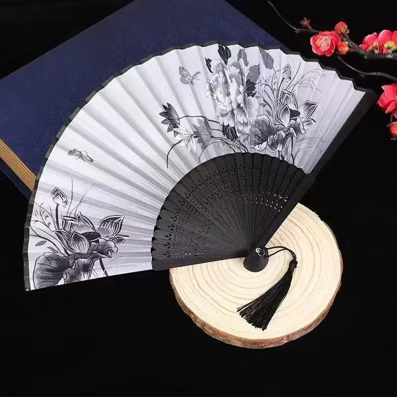 5pcs Wholesale Folding Fan With Tassel Retro Chinese Vintage Stage Dance Performance Handheld Fan Home Decoration Ornament Craft
