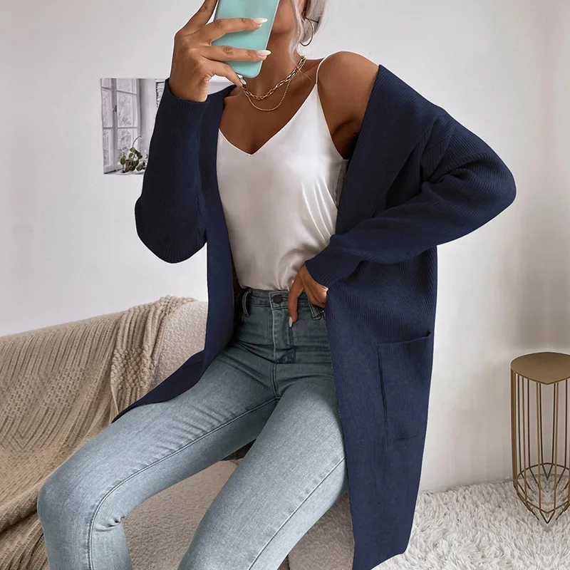 

Женский коричневый длинный вязаный кардиган в рубчик с открытой передней частью, повседневная свободная верхняя одежда