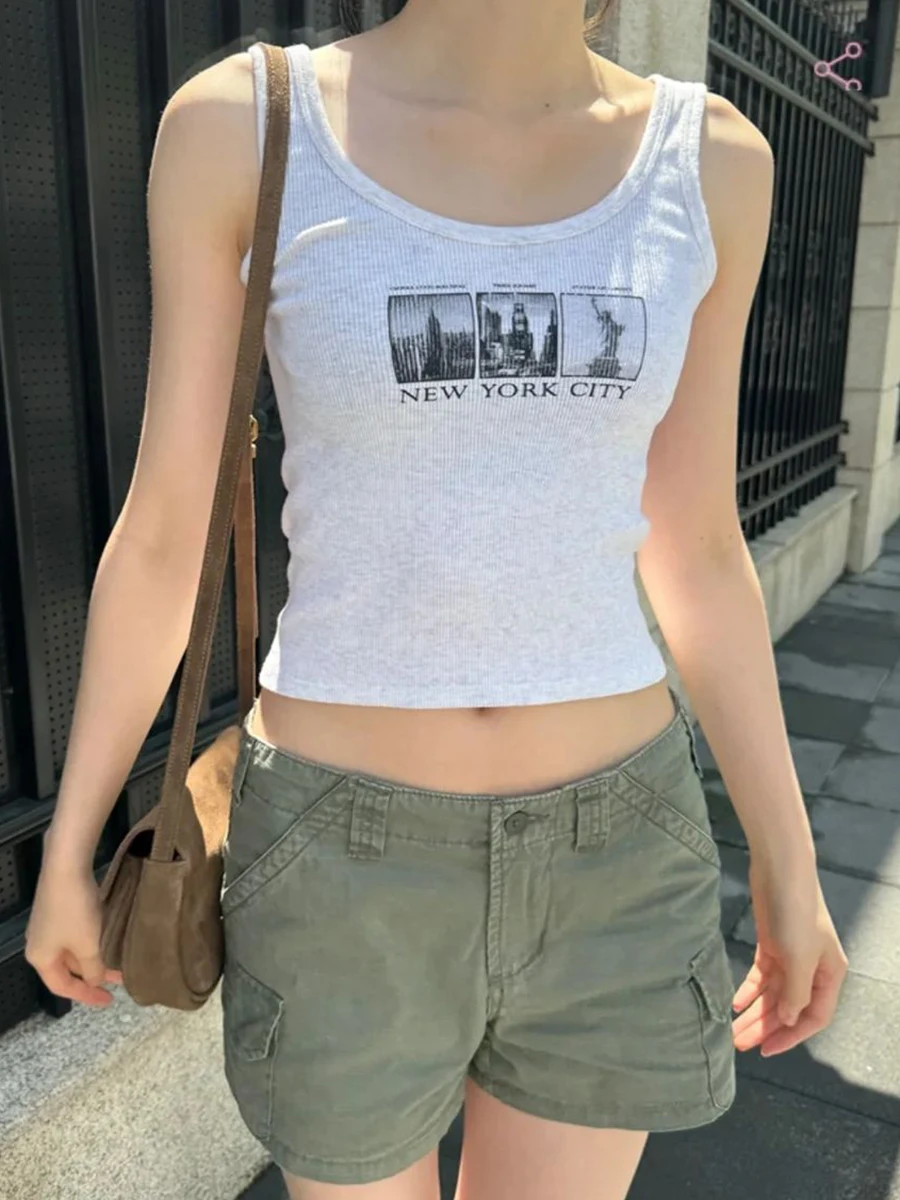 New York City Print Ribbed Tank Tops Women Summer U Neck Sleeveless Cotton Slim Crop Top American Vintage Streetwear Vests Y2k
