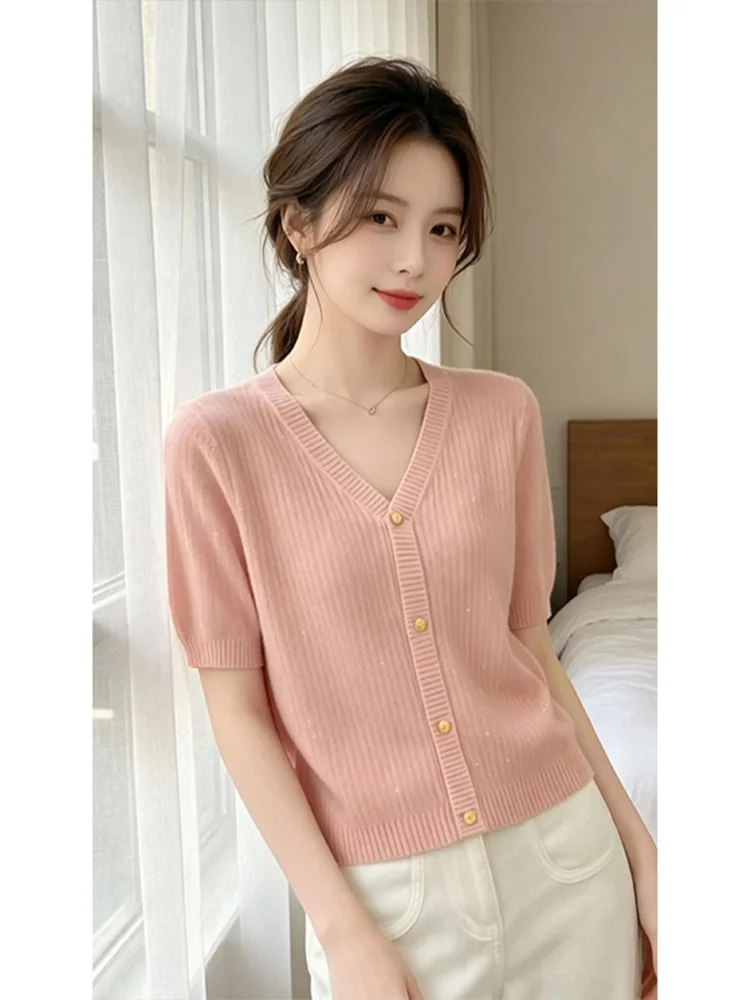 

Summer 2026 Women's Pink Knitted Top Casual Loose Short Sleeve V-Neck Slimming Fashionable Versatile Breathable Comfortable