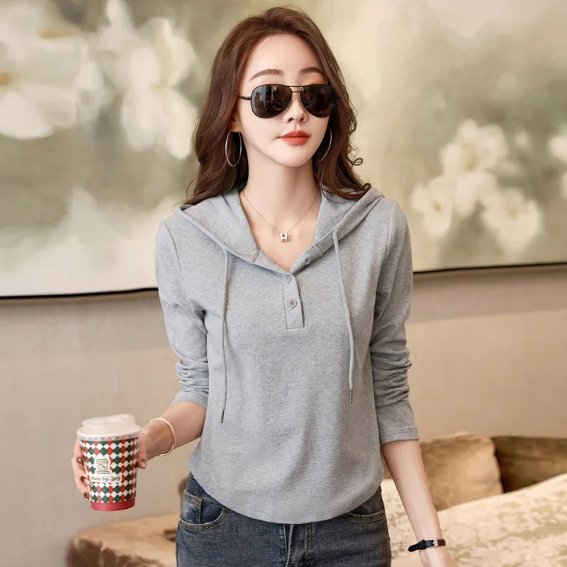 

New Sweatshirt Spring Summer Long Sleeve Pullovers Fashion Hooded Shirt Buttons Sportswear Joggers Short Tops With Drawstring