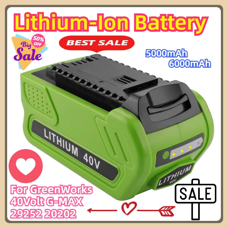 For GreenWorks 40Volt G-MAX 29252 20202 22262 27062 21242 Power Tools Replacement 40V 5000mAh 6000mAh Lithium-Ion Battery 29472