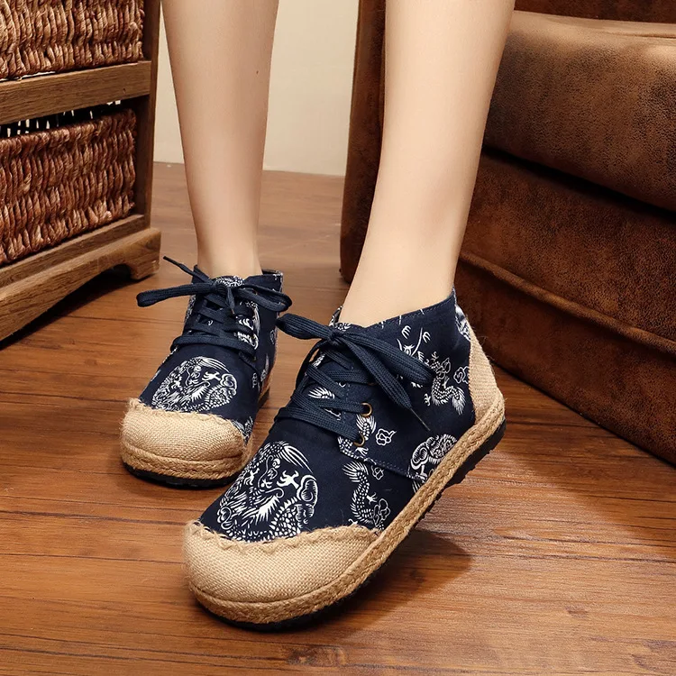 Round Toe Shoes Woman Flats Casual Female Sneakers Dress New Lace-Up Embroider Leisure Fabric Ethnic Basic Solid Floral Fretwork