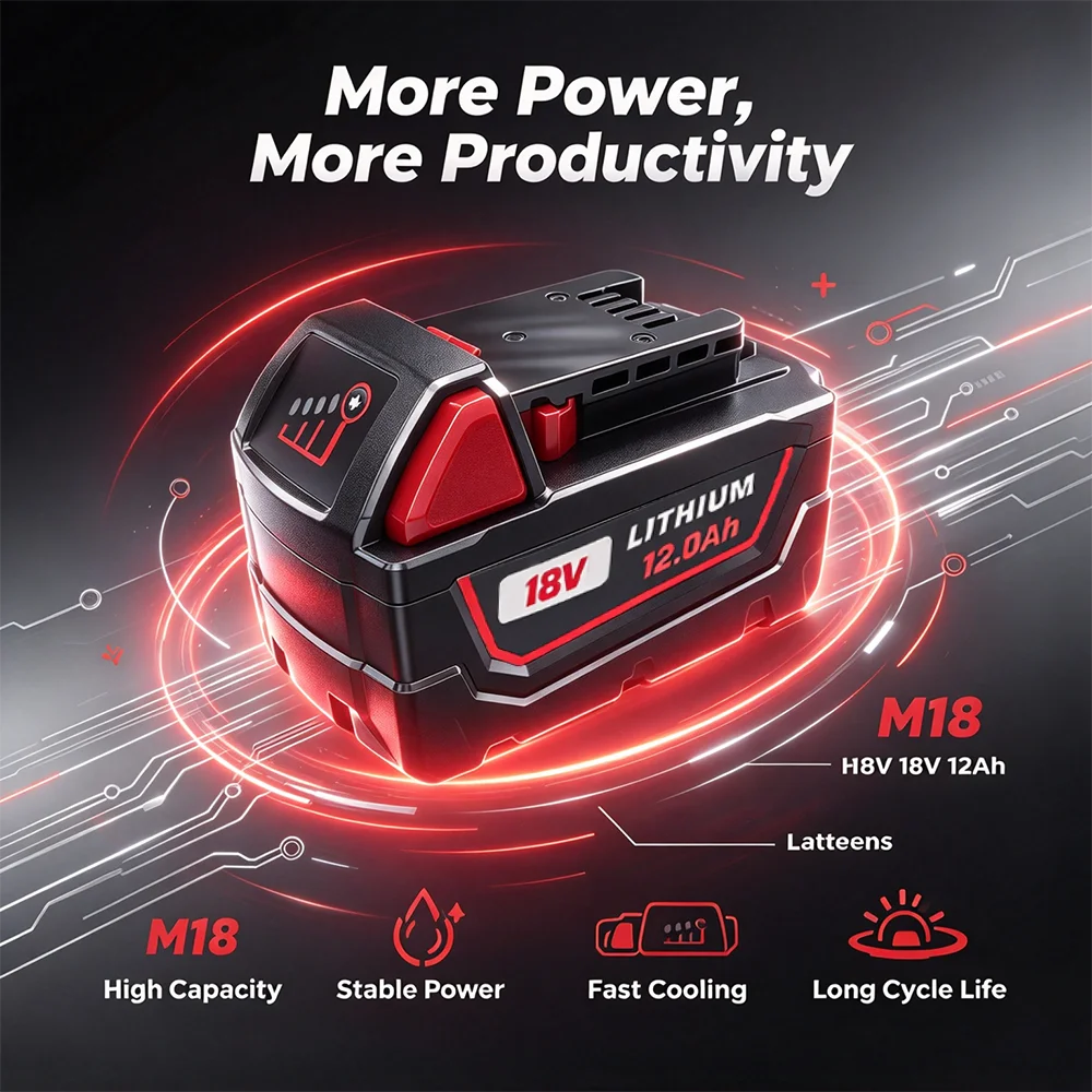 Neu 100% für Milwaukee M18 18V Elektrowerkzeug-Akku 12,0Ah 8,0Ah Wiederaufladbarer Ersatz-Lithium-Ionen-Akku mit 48-11-1860 48-11-1850 48-11-1840 12000mAh Große Kapazität 1/2/4 PACK – Detail 2