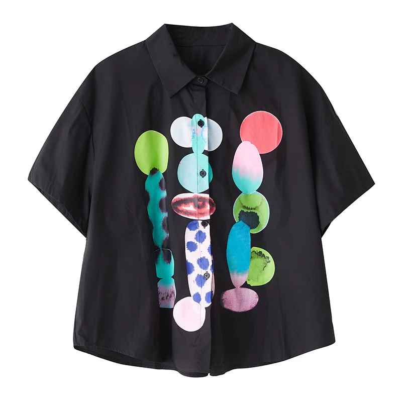 قميص نسائي جديد للصيف بتصميم كاجوال فضفاض بأكمام قصيرة وطباعة بسيطة من مزيج القطن والبوليستر