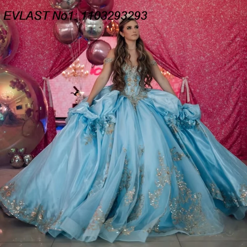 

EVLAST Customized Shiny Blue Ball Gown Quinceanera Dress Gold Lace Applique Beading Tiered Sweet 16 Vestidos De 15 Anos E1QN137