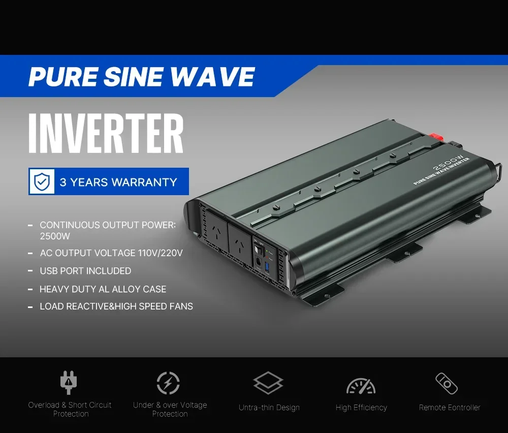Low Frequency 12V DC AC 2500W RV Car Pure Sine Wave Power Inverter