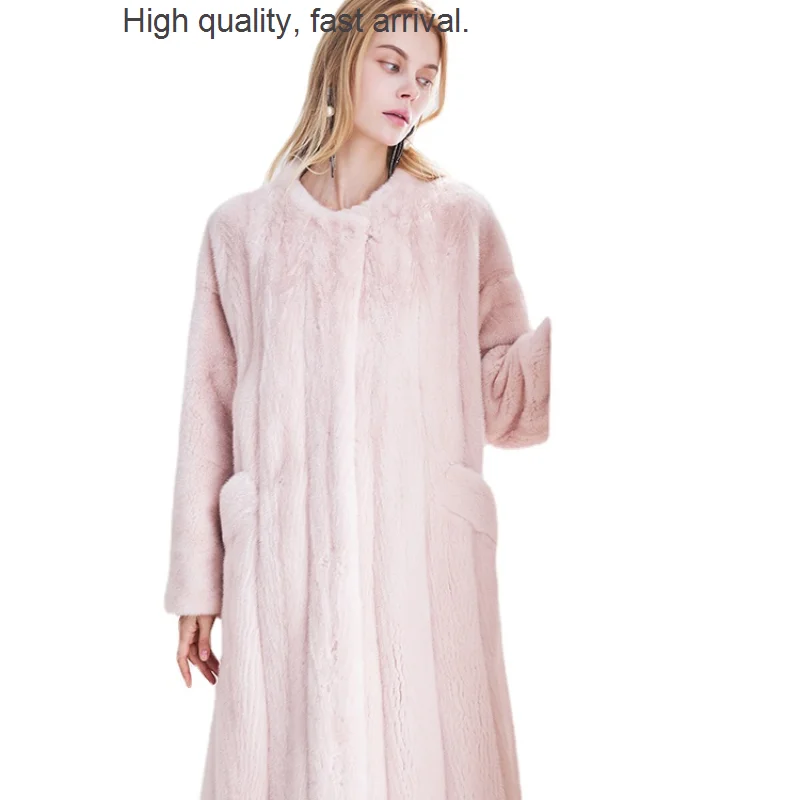 Small Fur Pink Female Mink Full-Drawn round Neck a-Line Long Marten Overcoats Women's Whole Mink