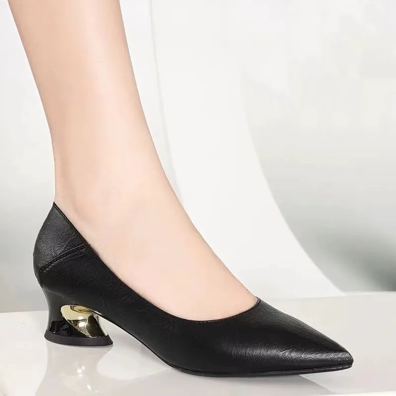 

Кожаные туфли на квадратном каблуке с острым носком и неглубоким носком, женские элегантные модные модельные туфли на высоком каблуке, офисная обувь Zapatos De Mujer