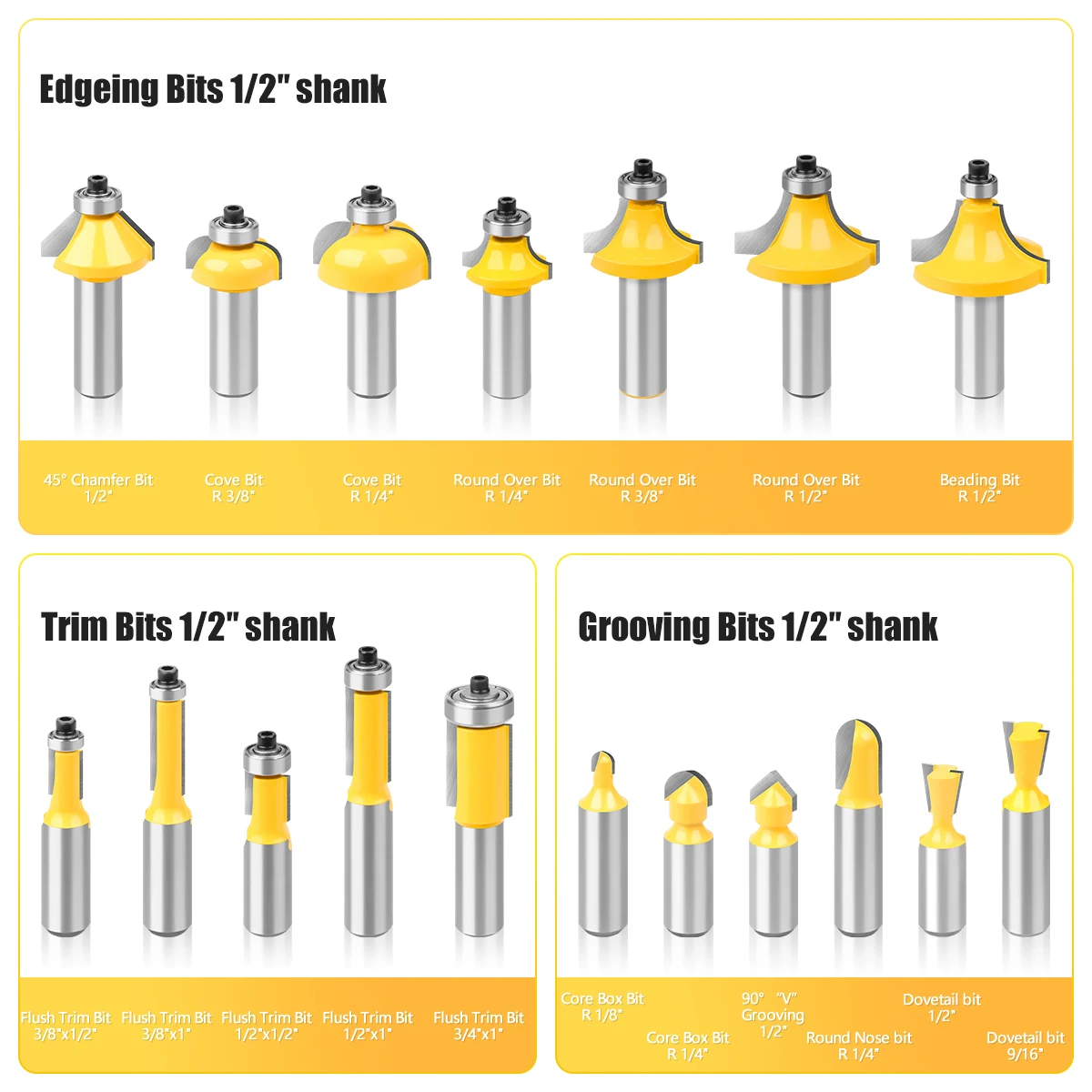 35pc 1/2 Shank Professional Flush Trim Router Bits Set For Wood Tungsten Carbide Woodworking Milling Cutter Tool Sets