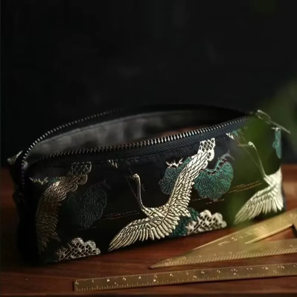 New Chinese Retro Style Pencil Case Damask Embroidery China Bird Flower Art Pen Bag Flannel Lining Beautiful Stationery Pouch