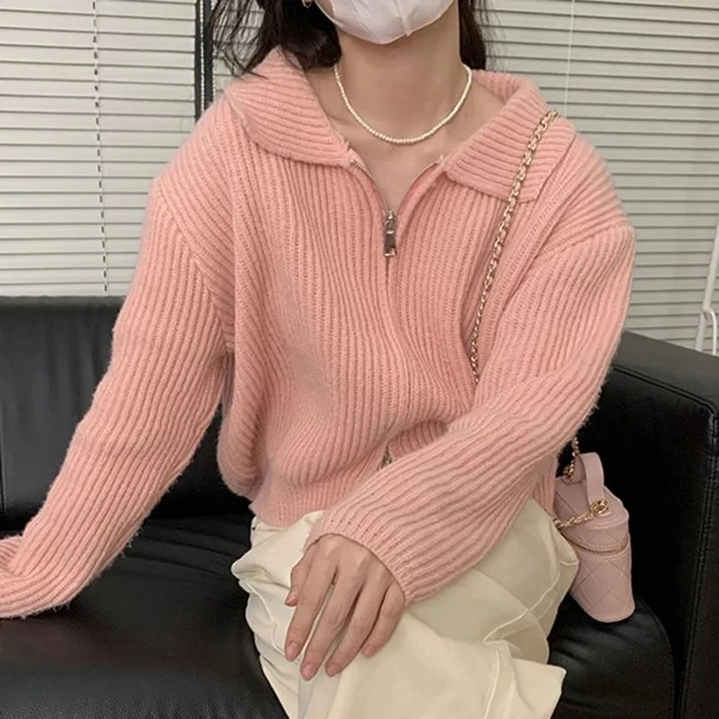 

Autumn Fashion New Color Zipper Knitting Shirt Women Classic Long Sleeve Coat Square Collar Loose Korean Lady Sweater 2025 ZT91