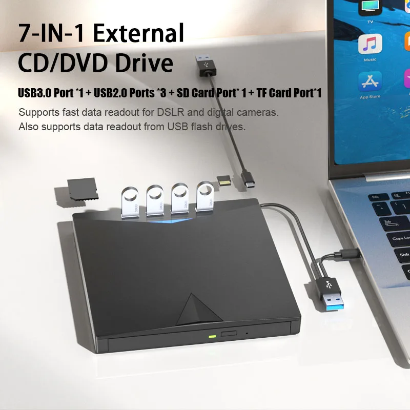 External DVD Drive for Laptop PC Portable CD/DVD ROM Player Burner with SD TF Card Slots USB3.0 Optical Drives