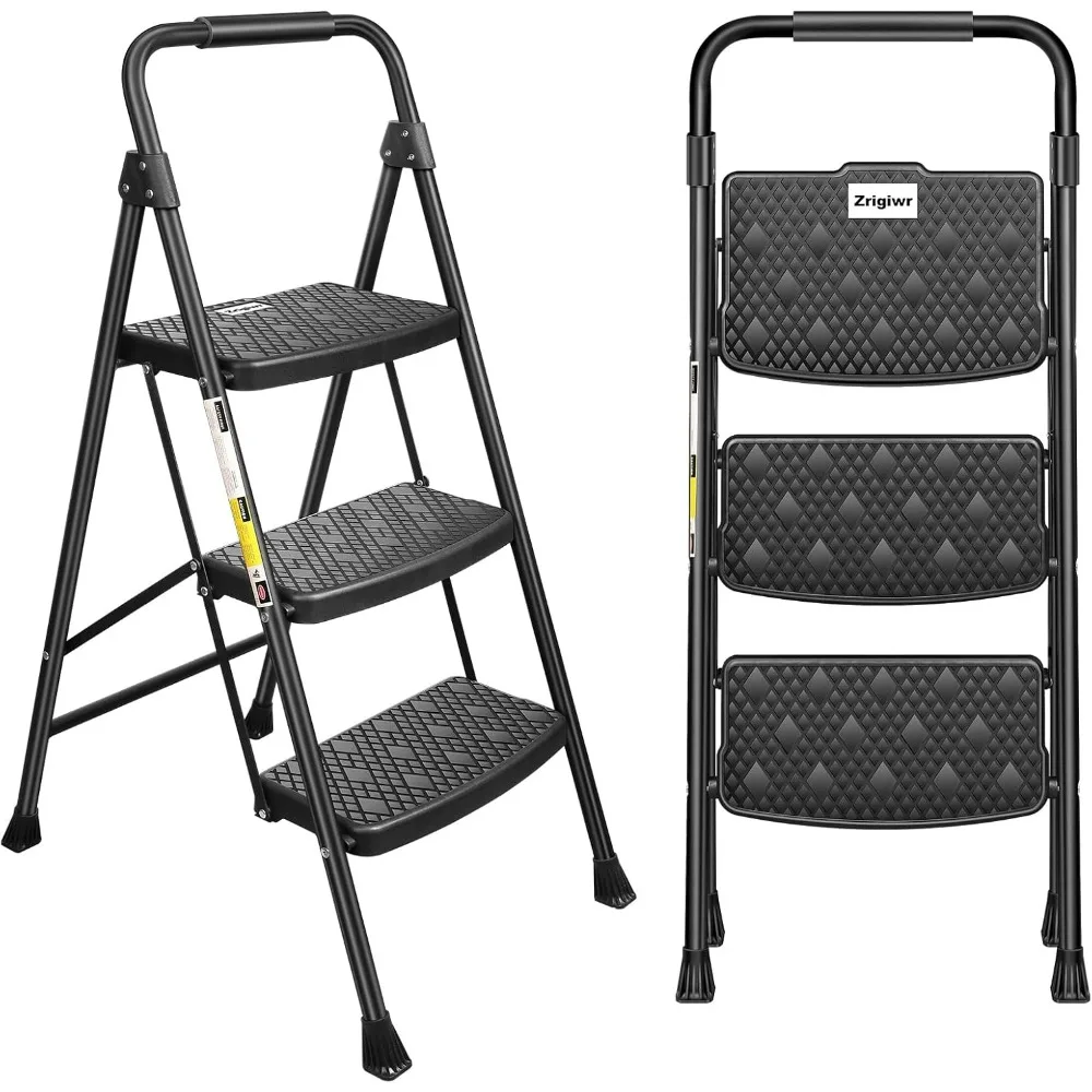 3 Step Ladder, Collapsible Non-Slip Treads Sturdy Steel Ladder, Portable Home Step Stool, Safe and Comfortable Handrail