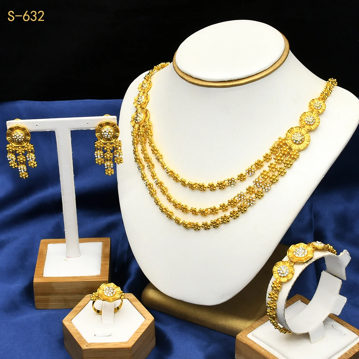 Indian Bridal Multilayer Necklace Earring Set For Women African Italian 24K Gold Color Jewelry Set Dubai Party Gifts Wholesale