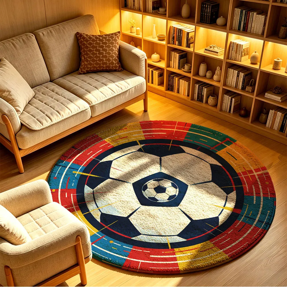 1pc retro color-blocked football-themed round floor mat, suitable for living rooms sofas beds home decorations washable