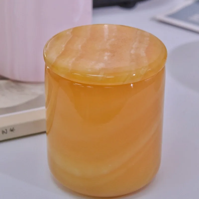 Natural jade candle cup marble decorative cup with lid powder crystal jade candle cup yellow jade agate stone jar