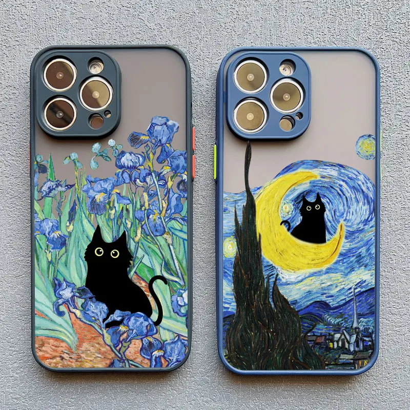 Retro Oil Painting Van-Gogh Flower Art Cat Etui na telefon do iPhone\'a 16 15 11 13 12 Mini 14 Pro Max 7 8 Plus SE2 X XS XR Wstrząsoodporne