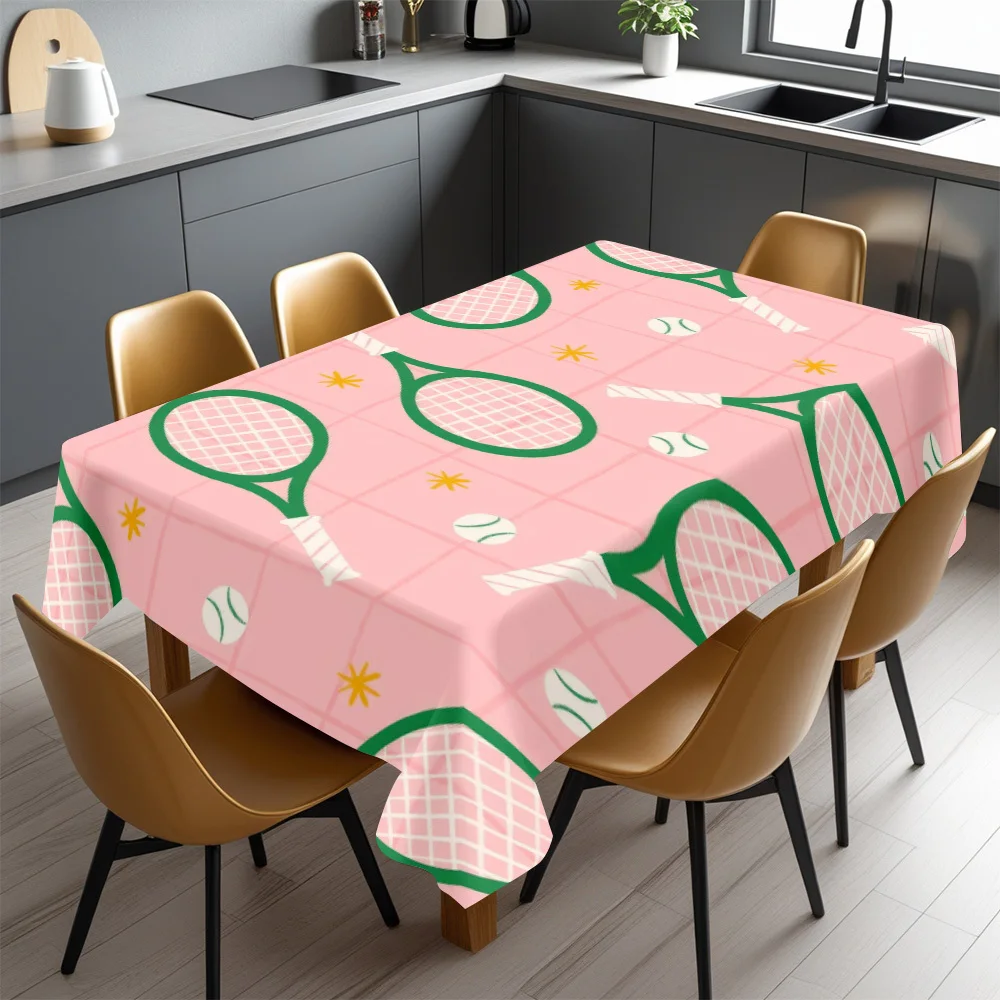 Racket Tablecloth, Pink Background Tennis Element Print Cover, Anti-stain Table Cloth, Decor for Dining Sports Theme Party Table