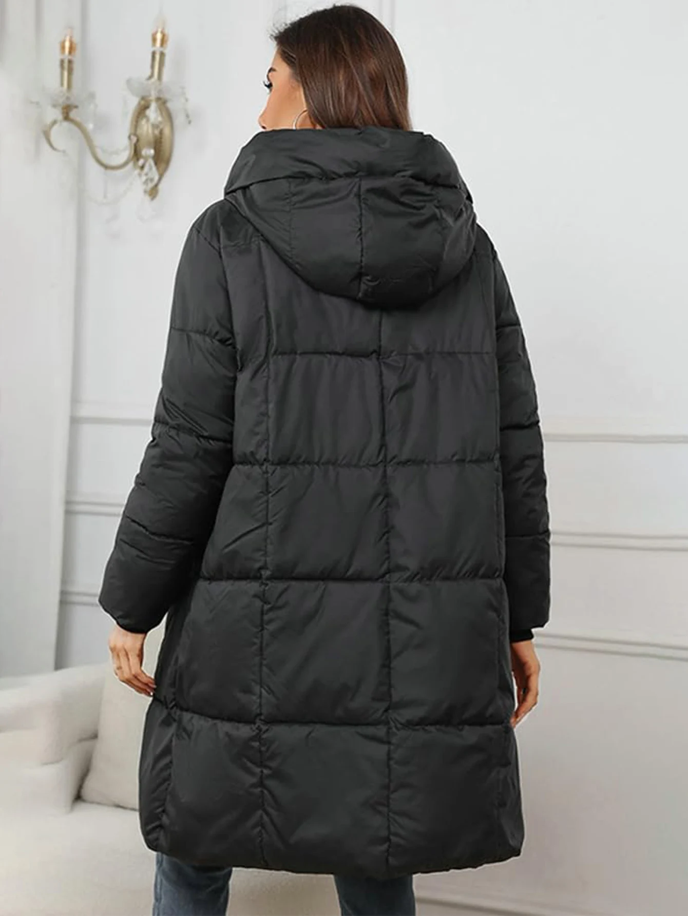 Conciso Women's Long Quilted Puffer Coat Hooded Zip Up Lightweight Windproof Spring Autumn Outerwear W1836