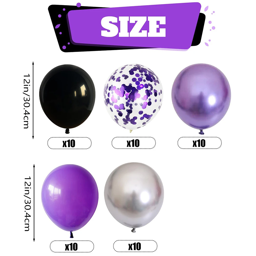 50 high-quality latex balloon sets - purple and black with confetti, perfect for birthdays, weddings, graduation ceremonies, Hal image 3