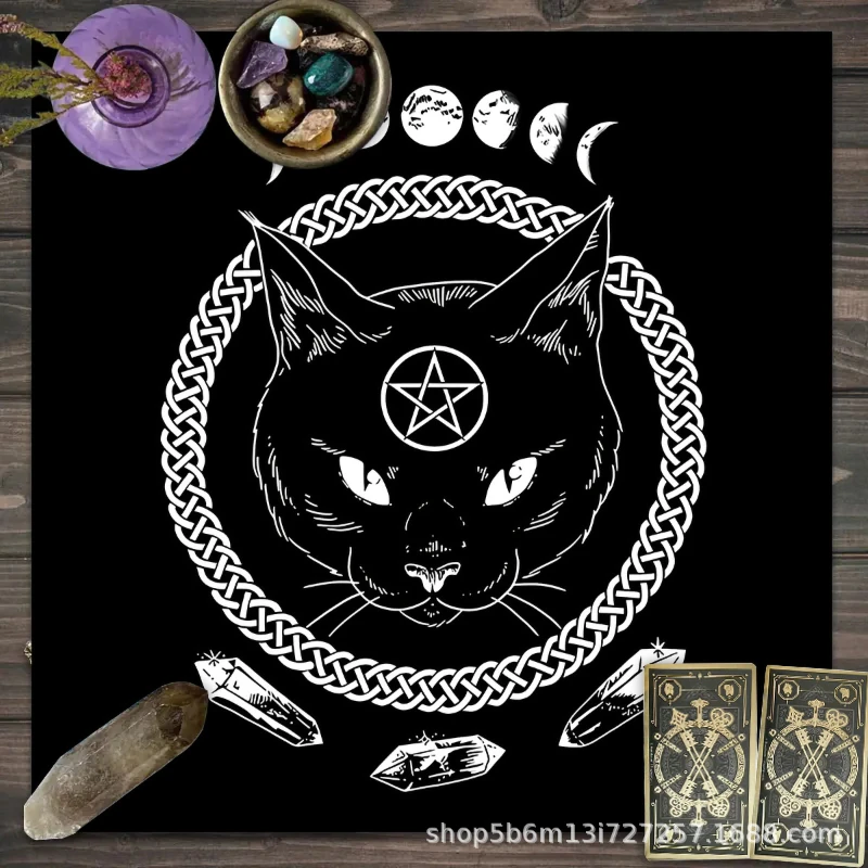 VIKAMA Zodiac & Pentacle Black Cat Tarot Altar Cloth Astrology Divination Tablecloth Witchcraft Home Decor