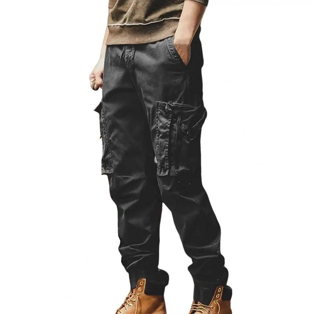 

Men Cargo Pants Drawstring Multi Pockets Slacks Shrinkable Cuffs Long Hip Hop Trousers 한국 가을옷