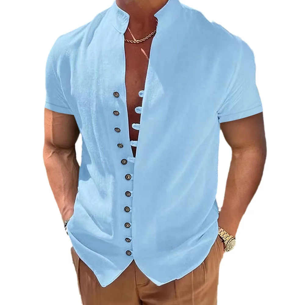 New summer casual short sleeve shirt Loose men\'s cotton solid color short sleeve shirt Hawaiian stand collar shirt