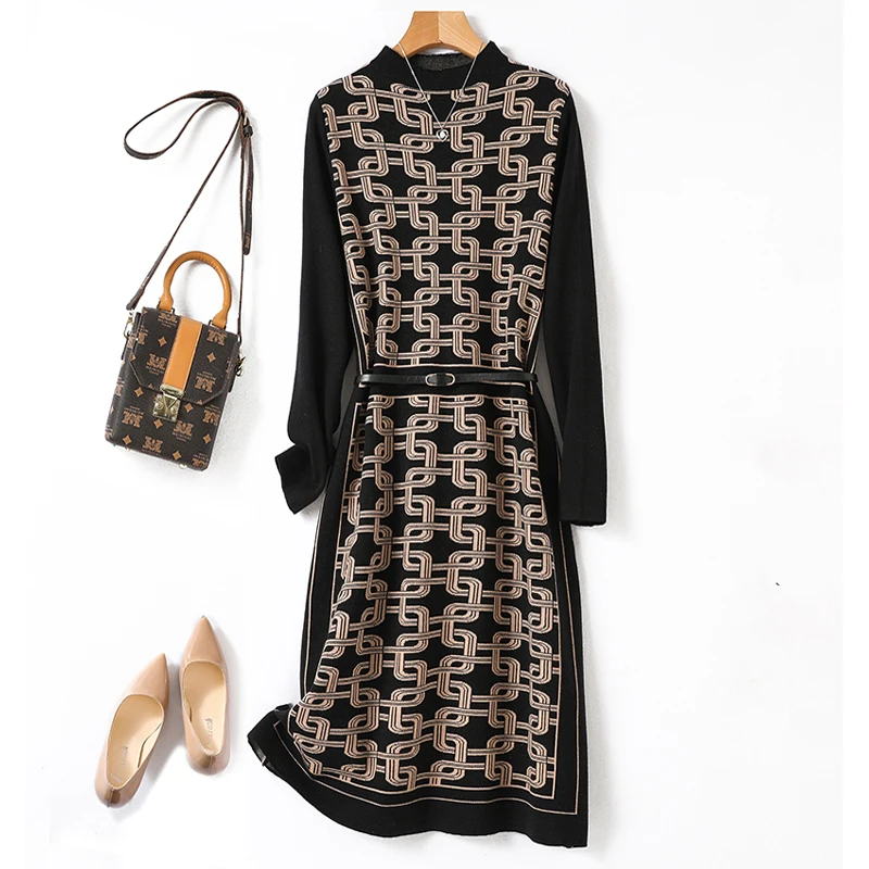 

Vintage Jacquard Mink Cashmere Sweater Dress Women Autumn Winter Loose Thicken Medium Length Bottoming Knitted Dresses Vestidos