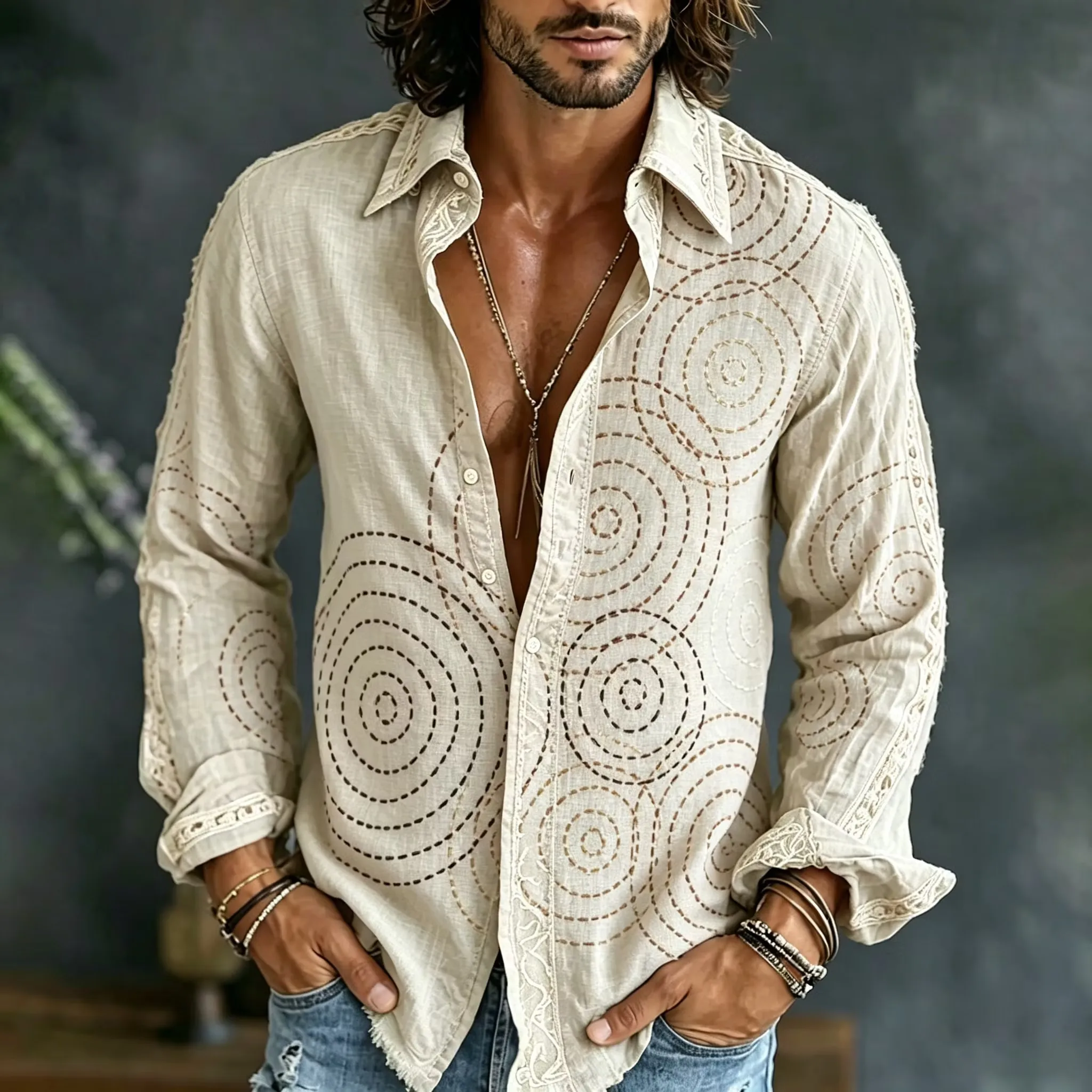 New Chinese Style Bamboo Splicing Men's Shirt Military Green Contrasting Color Lapel Long Sleeved Retro Casual Shirt